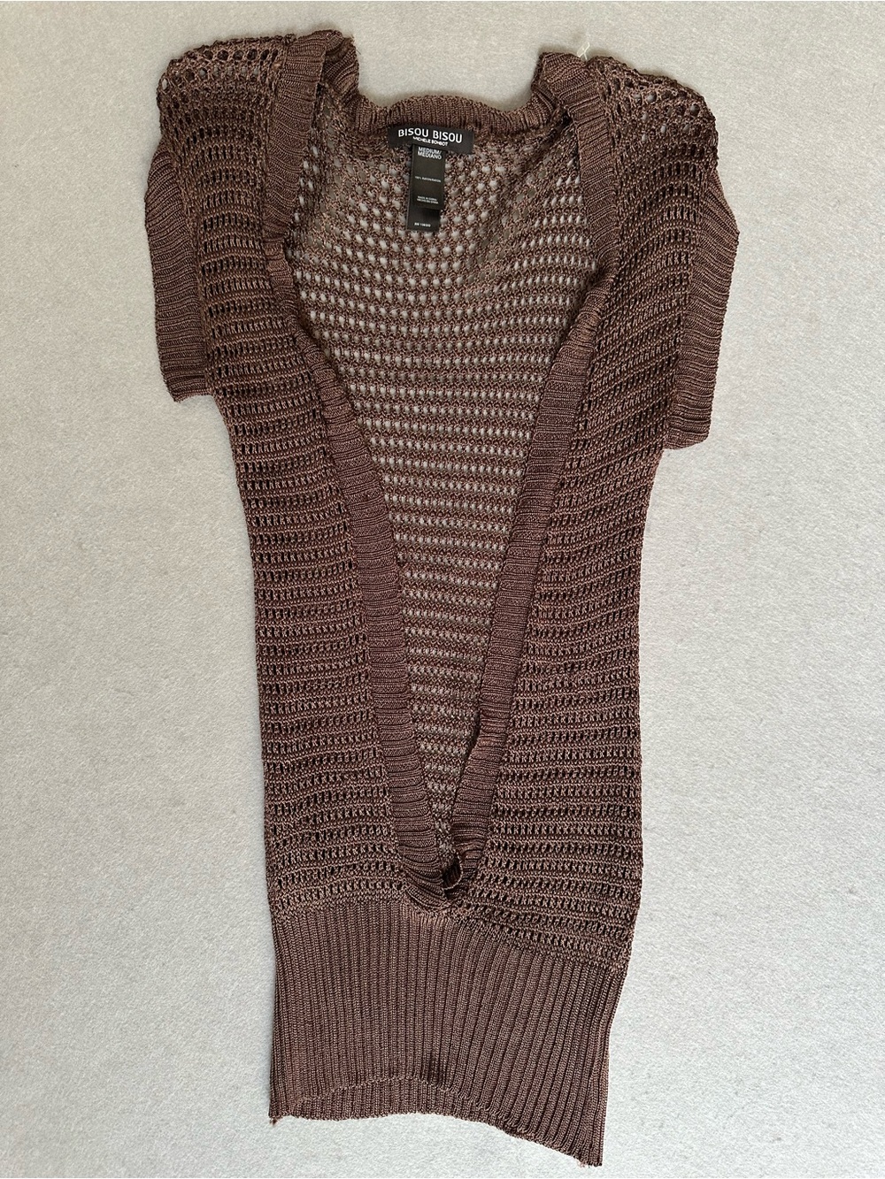 Bisou Bisou Brown Open-Knit Short Sleeve Cardigan
